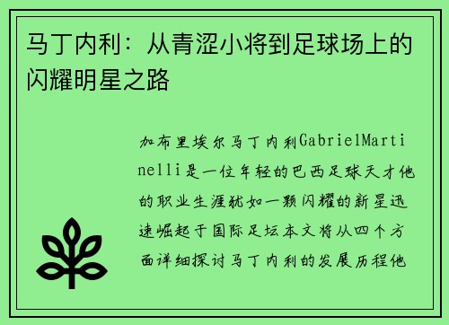 马丁内利：从青涩小将到足球场上的闪耀明星之路
